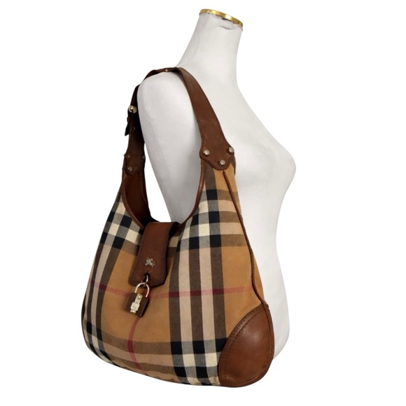 Burberry Brooke House Check Hobo Shoulder Bag Tan Canvas Leather Trim - Picture 2 of 9